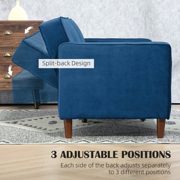 HOMCOM Modern Convertible Sofa Futon Velvet-Touch Tufted Couch Compact Loveseat with Adjustable Split Back, Blue Aosom UK