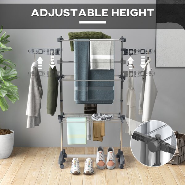 HOMCOM 3-Tier Clothes Airer, Foldable Clothes Drying Rack, Stainless Steel Indoor/Outdoor Clothes Dryer with Wheels & Wings, 142 Aosom UK