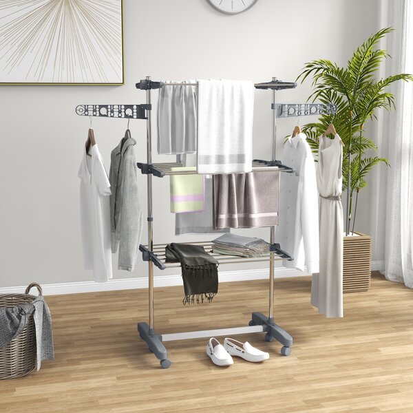 HOMCOM 3-Tier Clothes Airer, Foldable Clothes Drying Rack, Stainless Steel Indoor/Outdoor Clothes Dryer with Wheels & Wings, 142 Aosom UK