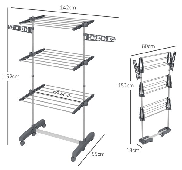 HOMCOM 3-Tier Clothes Airer, Foldable Clothes Drying Rack, Stainless Steel Indoor/Outdoor Clothes Dryer with Wheels & Wings, 142 Aosom UK