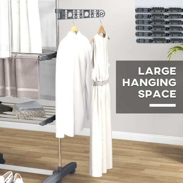 HOMCOM 3-Tier Clothes Airer, Foldable Clothes Drying Rack, Stainless Steel Indoor/Outdoor Clothes Dryer with Wheels & Wings, 142 Aosom UK