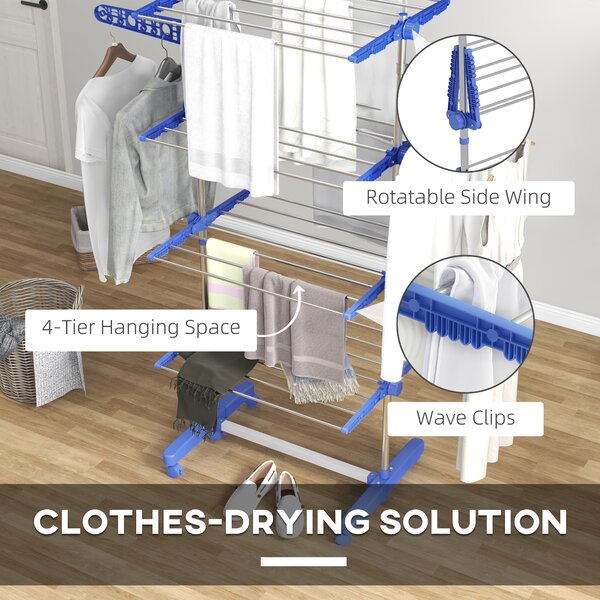 HOMCOM 4-Tier Clothes Airer, Foldable Clothes Drying Rack, Stainless Steel Indoor & Outdoor Clothes Dryer w/ Wheels & Wings, Easy Assembly Aosom UK