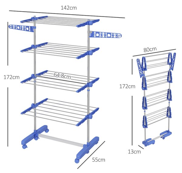 HOMCOM 4-Tier Clothes Airer, Foldable Clothes Drying Rack, Stainless Steel Indoor & Outdoor Clothes Dryer w/ Wheels & Wings, Easy Assembly Aosom UK