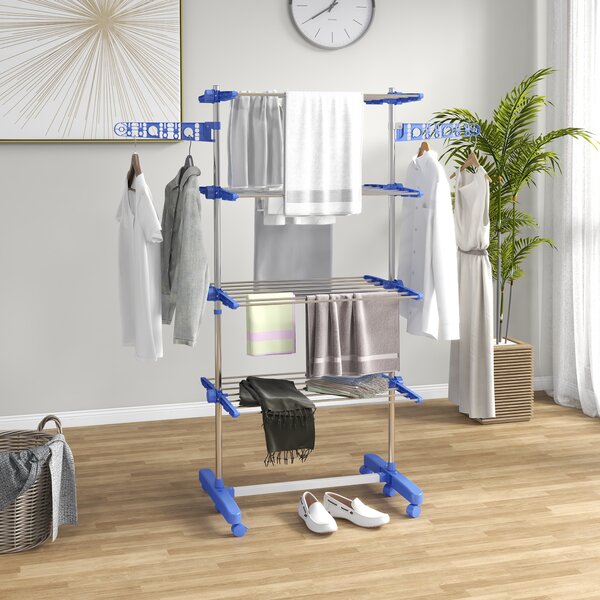 HOMCOM 4-Tier Clothes Airer, Foldable Clothes Drying Rack, Stainless Steel Indoor & Outdoor Clothes Dryer w/ Wheels & Wings, Easy Assembly Aosom UK