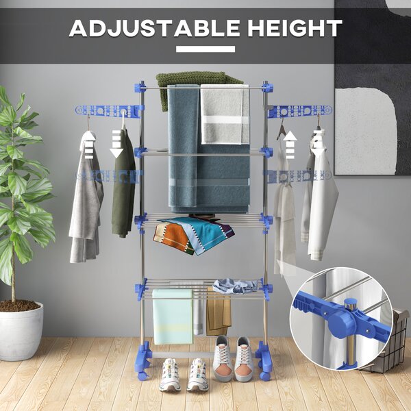 HOMCOM 4-Tier Clothes Airer, Foldable Clothes Drying Rack, Stainless Steel Indoor & Outdoor Clothes Dryer w/ Wheels & Wings, Easy Assembly Aosom UK