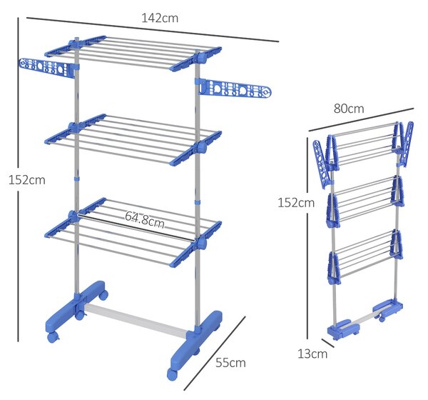 HOMCOM 3-Tier Clothes Airer, Foldable Clothes Drying Rack, Stainless Steel Indoor & Outdoor Clothes Dryer w/ Wheels & Wings, Easy Assembly Aosom UK
