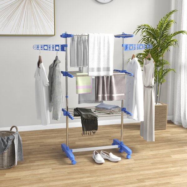HOMCOM 3-Tier Clothes Airer, Foldable Clothes Drying Rack, Stainless Steel Indoor & Outdoor Clothes Dryer w/ Wheels & Wings, Easy Assembly Aosom UK