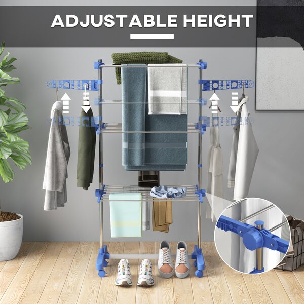 HOMCOM 3-Tier Clothes Airer, Foldable Clothes Drying Rack, Stainless Steel Indoor & Outdoor Clothes Dryer w/ Wheels & Wings, Easy Assembly Aosom UK