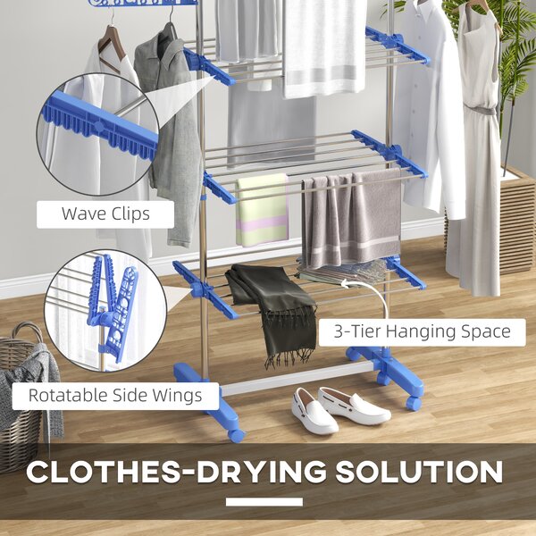 HOMCOM 3-Tier Clothes Airer, Foldable Clothes Drying Rack, Stainless Steel Indoor & Outdoor Clothes Dryer w/ Wheels & Wings, Easy Assembly Aosom UK