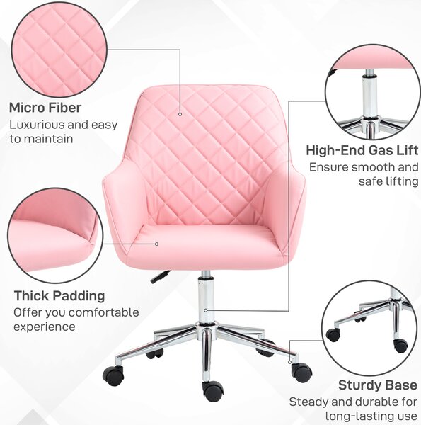 Vinsetto Office Desk Chair, Leather-Feel Fabric Computer Desk Chair with Rolling Wheels and Adjustable Height for Home, Pink Aosom UK