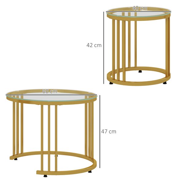 HOMCOM Round Coffee Tables Set of 2, Nesting Tables with Tempered Glass Top and Steel Frame, 60cmx60cmx47cm, Gold Tone