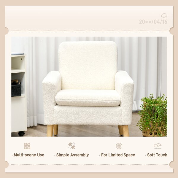 HOMCOM Modern Armchair, Upholstered Accent Chair with Wood Legs and Wide Padded Seat, Teddy Occasional Chair, Cream White Aosom UK