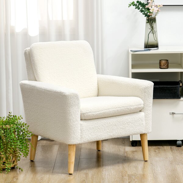 HOMCOM Modern Armchair, Upholstered Accent Chair with Wood Legs and Wide Padded Seat, Teddy Occasional Chair, Cream White Aosom UK