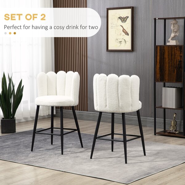 HOMCOM Bar Stools Set of 2, Faux Cashmere Upholstered Breakfast Bar Chairs, Modern Counter Bar Stool w/ Backs, Footrest & Steel Base, Cream Aosom UK