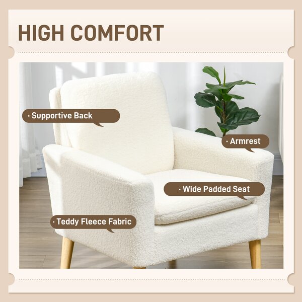 HOMCOM Modern Armchair, Upholstered Accent Chair with Wood Legs and Wide Padded Seat, Teddy Occasional Chair, Cream White Aosom UK