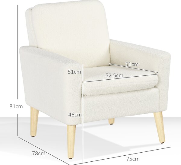 HOMCOM Modern Armchair, Upholstered Accent Chair with Wood Legs and Wide Padded Seat, Teddy Occasional Chair, Cream White Aosom UK