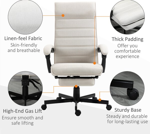 Vinsetto High-Back Office Desk Chair, Swivel Recliner Chair with Adjustable Height, Footrest & Padded Armrests, Creamy White Aosom UK