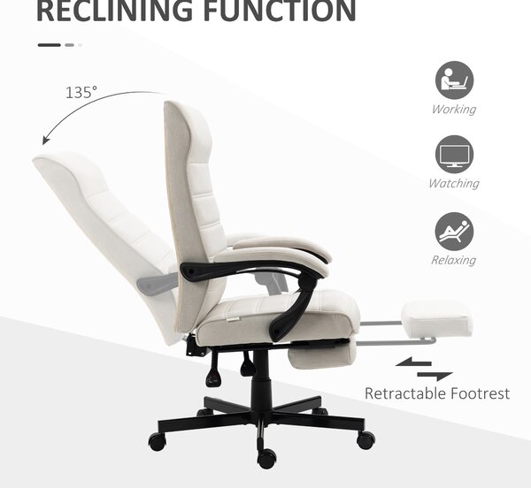 Vinsetto High-Back Office Desk Chair, Swivel Recliner Chair with Adjustable Height, Footrest & Padded Armrests, Creamy White Aosom UK