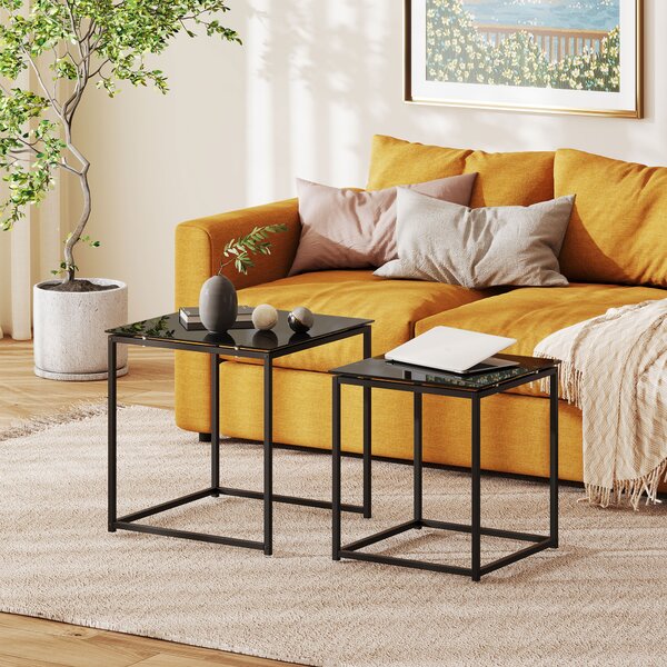 HOMCOM Set of 2 Nesting Side Tables, Modern Bedside Tables with Tempered Glass Top for Living Room, Bedroom, Office, Black