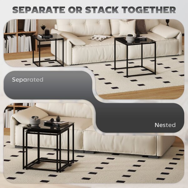 HOMCOM Set of 2 Nesting Side Tables, Modern Bedside Tables with Tempered Glass Top for Living Room, Bedroom, Office, Black