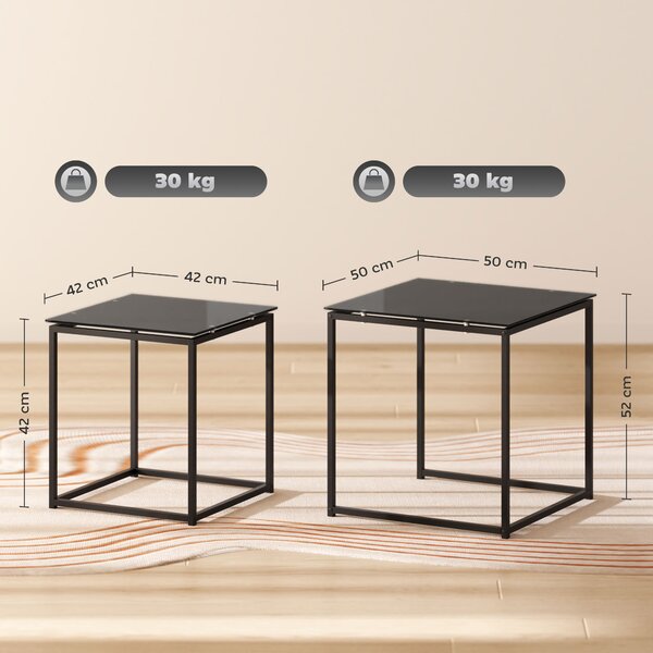HOMCOM Set of 2 Nesting Side Tables, Modern Bedside Tables with Tempered Glass Top for Living Room, Bedroom, Office, Black