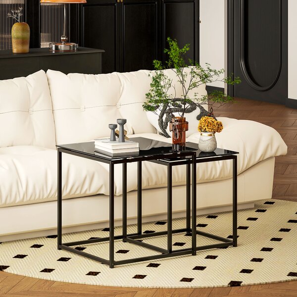 HOMCOM Set of 2 Nesting Side Tables, Modern Bedside Tables with Tempered Glass Top for Living Room, Bedroom, Office, Black