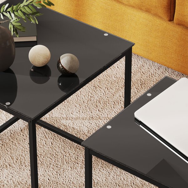 HOMCOM Set of 2 Nesting Side Tables, Modern Bedside Tables with Tempered Glass Top for Living Room, Bedroom, Office, Black