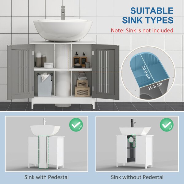 Kleankin Under Sink Cabinet with Double Doors, Modern Bathroom Vanity Unit, Storage Cupboard with Adjustable Shelves, Grey Aosom UK