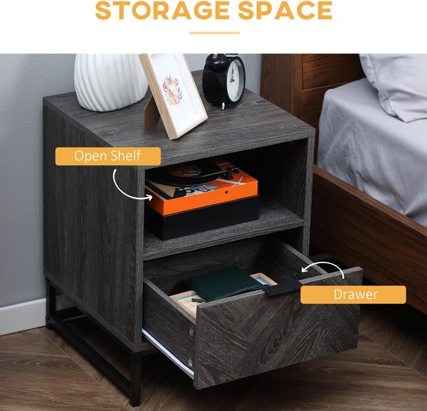 HOMCOM Bedside Table with Drawer and Shelf, Side End Table with Steel Legs for Living Room, Bedroom, Dark Grey