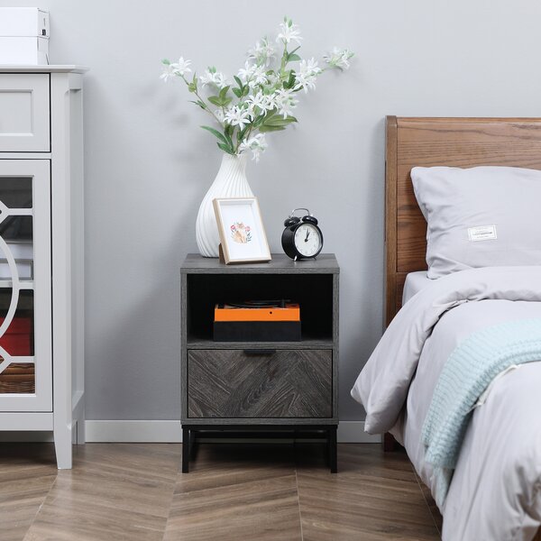 HOMCOM Bedside Cabinets: Dual Nightstands with Drawer & Shelf, Steel Legs for Living & Bedroom, Charcoal Grey Aosom UK