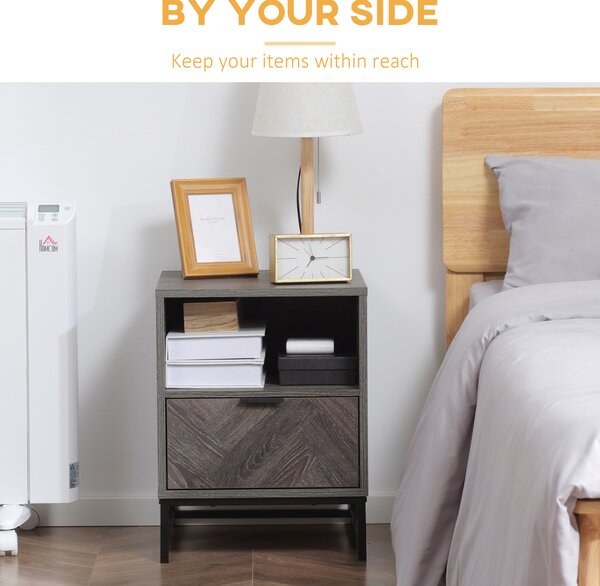 HOMCOM Bedside Table with Drawer and Shelf, Side End Table with Steel Legs for Living Room, Bedroom, Dark Grey
