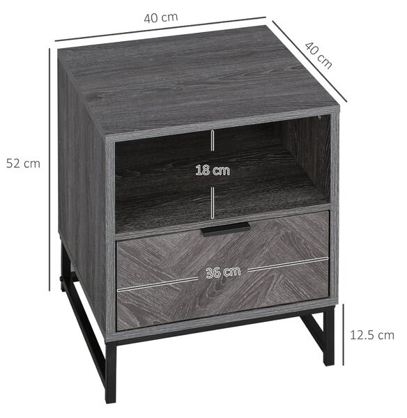 HOMCOM Bedside Table with Drawer and Shelf, Side End Table with Steel Legs for Living Room, Bedroom, Dark Grey