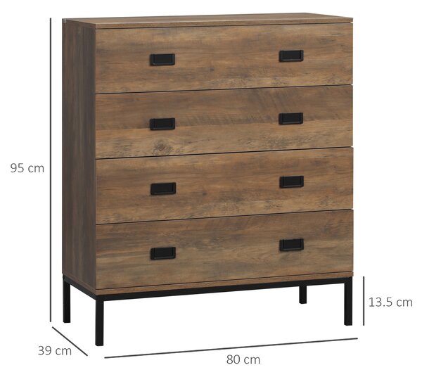 HOMCOM Chest of Drawers, 4-Drawer Storage Organiser Unit with Metal Frame for Bedroom, Living Room, Brown