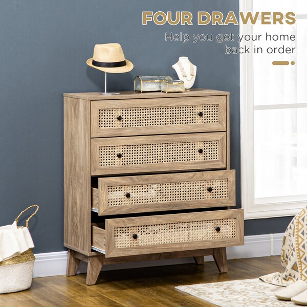 HOMCOM Storage Cabinet, 4-Drawer Unit with Rattan Element for Bedroom, Living Room, 80cm x 35 cmx 95 cm, Wood Effect Aosom UK