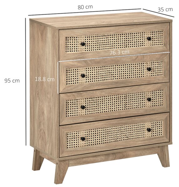 HOMCOM Storage Cabinet, 4-Drawer Unit with Rattan Element for Bedroom, Living Room, 80cm x 35 cmx 95 cm, Wood Effect Aosom UK