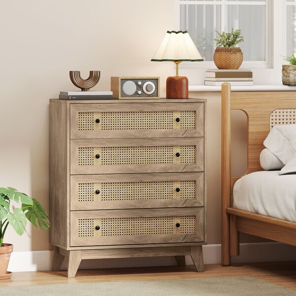 HOMCOM Storage Cabinet, 4-Drawer Unit with Rattan Element for Bedroom, Living Room, 80cm x 35 cmx 95 cm, Wood Effect Aosom UK