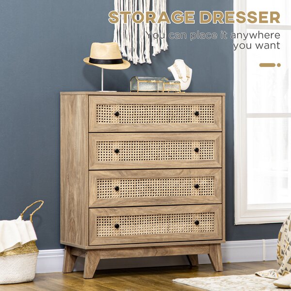HOMCOM Storage Cabinet, 4-Drawer Unit with Rattan Element for Bedroom, Living Room, 80cm x 35 cmx 95 cm, Wood Effect Aosom UK