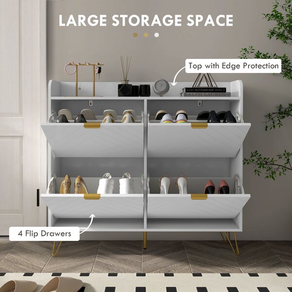 HOMCOM Narrow Shoe Storage Cabinet, Slim Shoe Cupboard with 4 Flip Drawers, Adjustable Shelf, Shoe Rack for 16 Pairs of Shoes Aosom UK