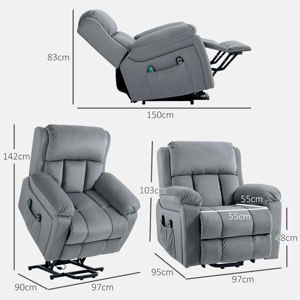HOMCOM Power Lift Riser and Recliner Chair with Vibration Massage, Heat, Side Pocket, Grey Aosom UK
