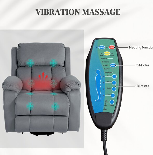 HOMCOM Power Lift Riser and Recliner Chair with Vibration Massage, Heat, Side Pocket, Grey Aosom UK