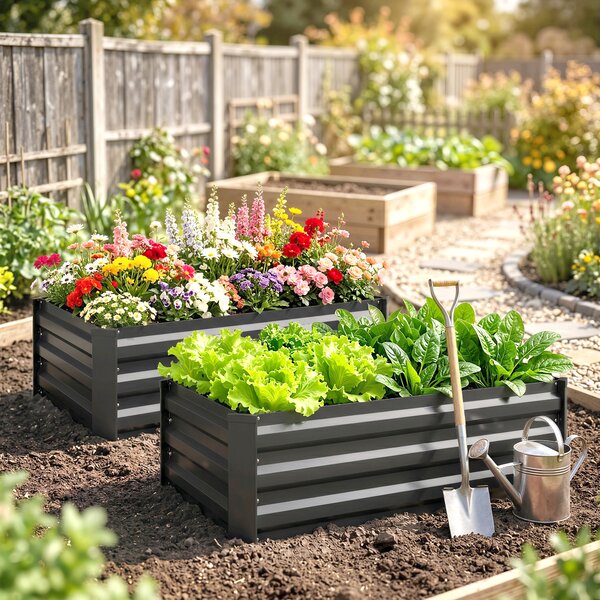 Outsunny Galvanised Raised Beds for Garden Set of 2, Outdoor Elevated Planter Box, Easy-to-assemble, for Growing Flowers, Herbs and Vegetables, Grey