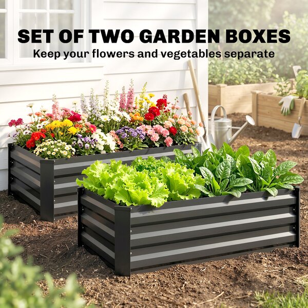 Outsunny Galvanised Raised Beds for Garden Set of 2, Outdoor Elevated Planter Box, Easy-to-assemble, for Growing Flowers, Herbs and Vegetables, Grey