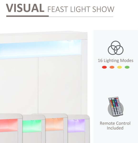 HOMCOM High Gloss LED Cabinet Cupboard Sideboard Buffet Console with RGB Lighting for Entryway, Dining Area, Living Room, White
