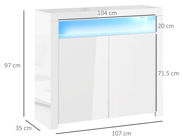 HOMCOM High Gloss LED Cabinet Cupboard Sideboard Buffet Console with RGB Lighting for Entryway, Dining Area, Living Room, White