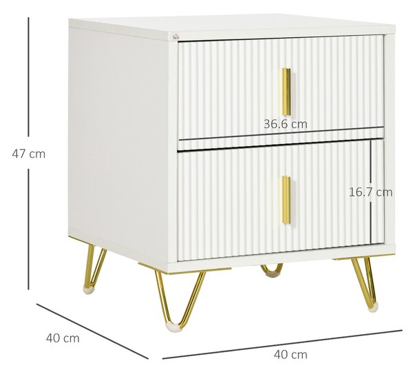 HOMCOM Bedside Table with 2 Drawers, Side End Table, Nightstand with Metal Frame for Living Room, Bedroom, White