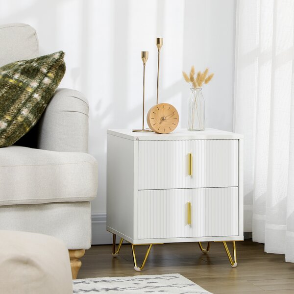 HOMCOM Bedside Table with 2 Drawers, Side End Table, Nightstand with Metal Frame for Living Room, Bedroom, White
