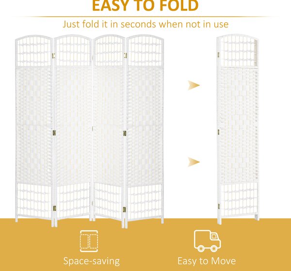 HOMCOM 4 Panel Folding Room Divider, Privacy Screen, Freestanding Paravent Partition Separator for Living Room, Bedroom and Office, 160 x 170cm, White