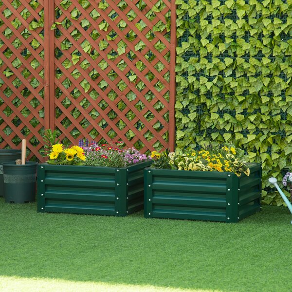 Outsunny Set of 2 Raised Garden Bed, Outdoor Elevated Galvanised Planter Box for Flowers, Herbs, 60x60x30.5cm, Green