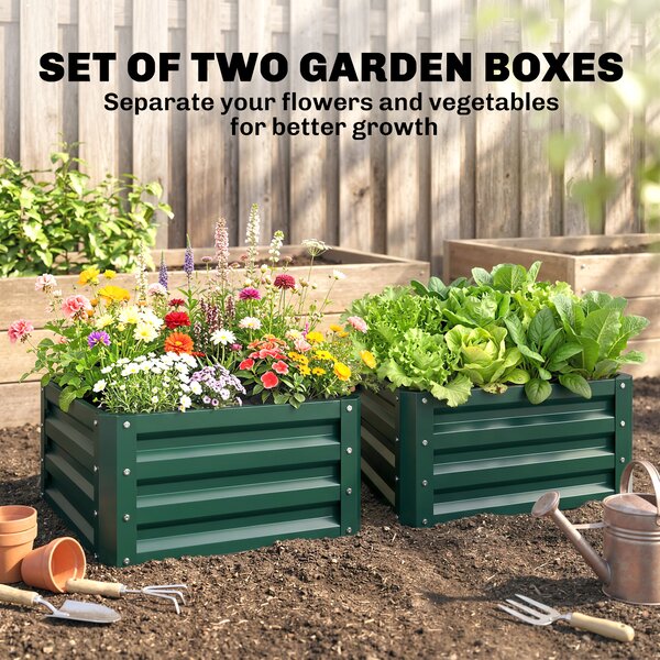 Outsunny Set of 2 Raised Garden Bed, Outdoor Elevated Galvanised Planter Box for Flowers, Herbs, 60x60x30.5cm, Green