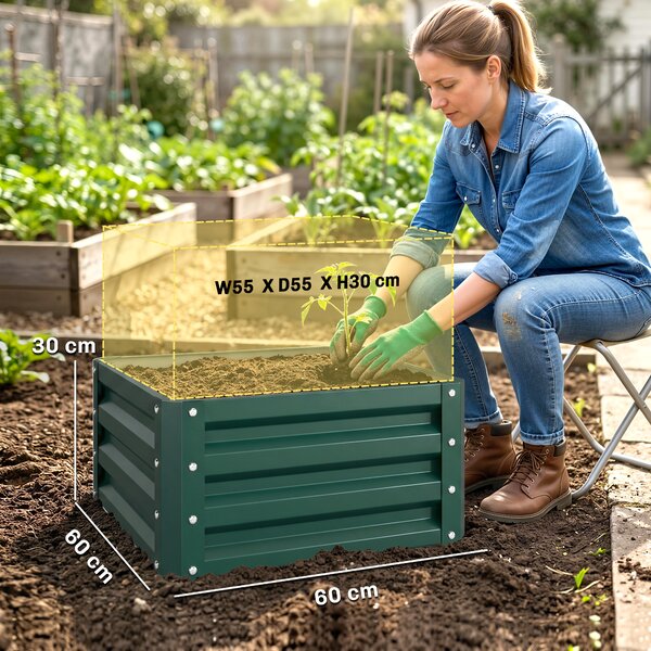 Outsunny Set of 2 Raised Garden Bed, Outdoor Elevated Galvanised Planter Box for Flowers, Herbs, 60x60x30.5cm, Green
